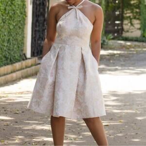 Gal Meets Glam Women’s Evelyn Sea Holly Jacquard Pink Floral Halter Neck Dress